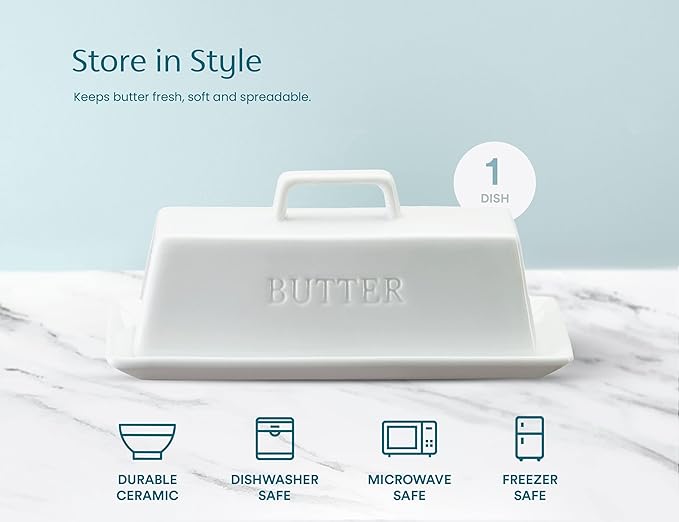 Butter Dish with Lid, by Kook, Butter Dish with Lid for Countertop, Ceramic, Butter Tray, Kitchen Butter Keeper, Butter Container, Butter Holder, Holds 1 Stick, Microwave and Dishwasher Safe, White