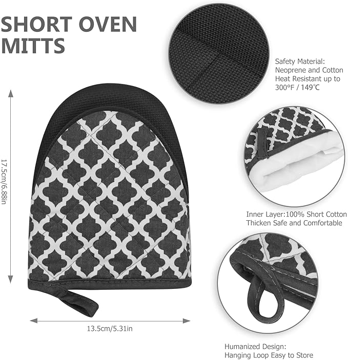 Qulable 1 Pair Short Oven Mitts - Silicone Kitchen Oven Gloves High Heat Resistant 500℉, Mini Oven Mits with Non-Slip Grip Surfaces and Hanging Loop for BBQ, Baking, Cooking and Grilling (Dark Gray)