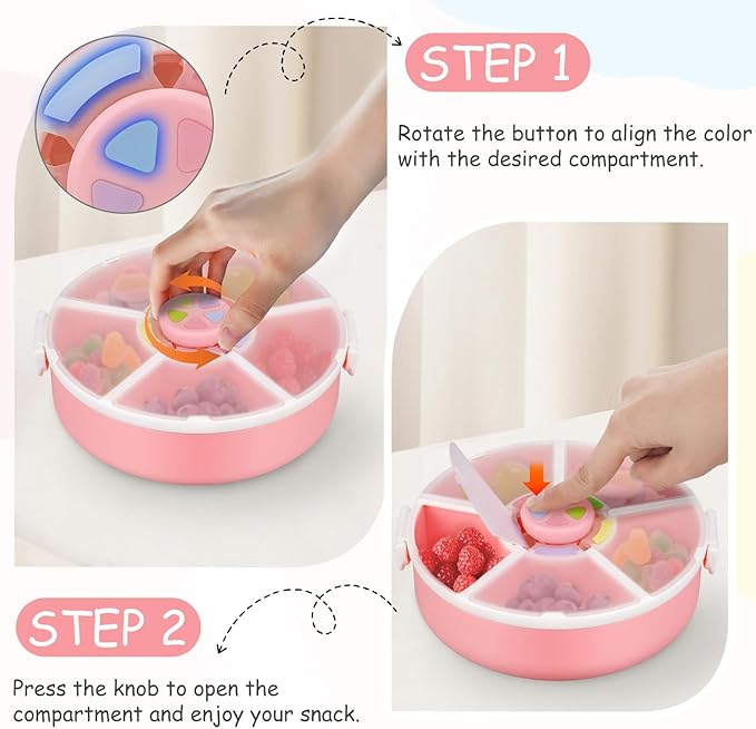 Kids Snack Spinner – Reusable Snack Container with 5 Compartments & Lid, BPA/PVC-Free, Dishwasher Safe, Perfect for Travel, School Lunches & On-the-Go Snacking, Pink