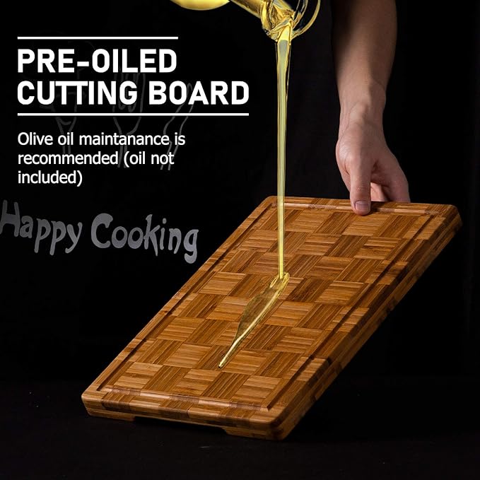 Kikcoin Extra Large Bamboo Cutting Boards, (Set of 3) Chopping Boards with Juice Groove Bamboo Wood Cutting Board Set Butcher Block for Kitchen, End Grain Serving Tray