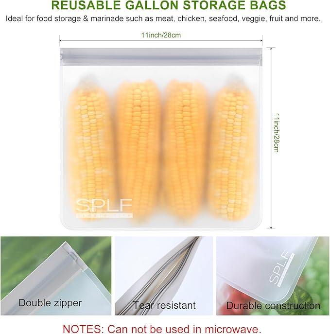 SPLF 6 Pack Reusable Gallon Freezer Bags Dishwasher Safe, BPA FREE Reusable Food Storage Bags, Extra Thick Leakproof Silicone Free 1 Gallon Bags for Marinate Meat, Cereal, Sandwich, Snack, Travel Item