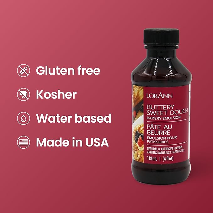 LorAnn Oils Buttery Sweet Dough Bakery Emulsion: Authentic Taste, Ideal for Amplifying Sweet Bready Notes in Baked Goods, Gluten-Free, Keto-Friendly, Essential for Your Kitchen, 4 Oz