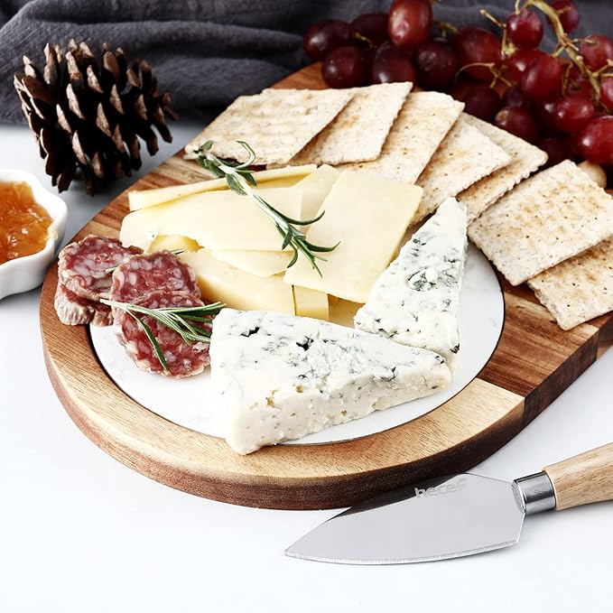 hecef Oval Wooden Cheese Board Set, Acacia Wood Cheese Serving Board with White Marble & Cheese Knife, Cheese Serving Tray for Cheese, Cake, Appetizers
