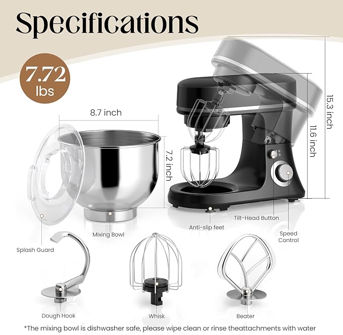 800W Stand Mixer with 5.3QT Bowl, 6-Speed with Pulse Electric Kitchen Mixer, Food Mixer with Dough Hook, Whisk, Beater Tilt-Head & Non-Slip Base for Cookie, Cake, Bread & Baking-Black
