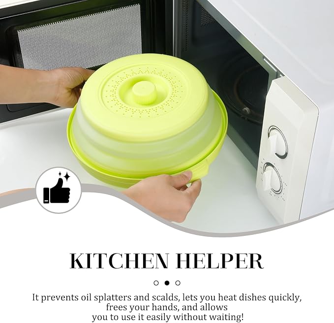 10.7 Inch Microwave Food Cover with Heat Insulation Mat, Anti-Scald Collapsible Microwave Splatter Cover, Multi-Functional as Colander & Fruit Plate, Dishwasher Safe, Ideal for Meal Prep (Green)