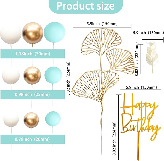 Gyufise 57Pcs Balls Cake Topper Boho Grass Cake topper Pearl Balls Acrylic Happy Birthday Cake Decorations for Wedding Baby Shower Birthday Boho Themed Party Supplies Light Blue