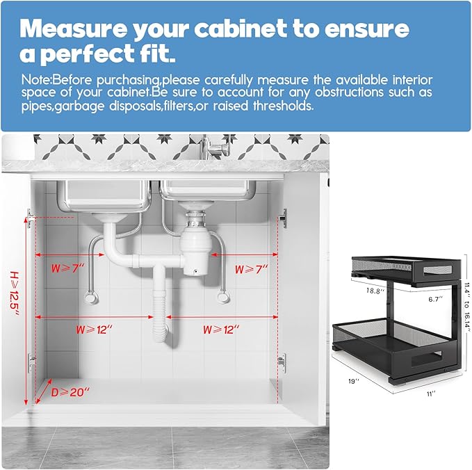 2 Pack 19IN Depth Under Sink Storage Organizer, Large 2-Tier Elegant Mesh Pull Out Shelf for Kitchen and Bathroom Cabinet Organization, L-Shaped and Adjustable Height Design-Black
