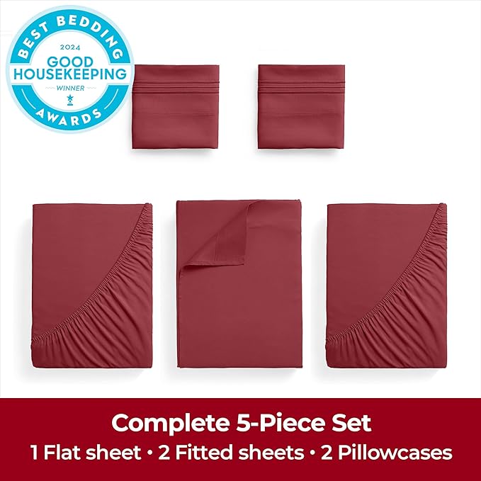 Mellanni Extra Deep Split King Sheets - 5 PC Iconic Collection Bedding - Hotel Luxury, Ultra Soft, Cooling Bed Sheets - Wrinkle, Fade, Stain Resistant (Split King, Brick Red)