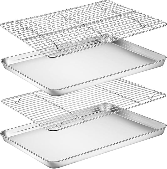 Baking Sheet with Rack Set, Yododo Set of 4 (2 Sheets + 2 Racks), Stainless Steel Cookie Sheet Baking Pan Tray with Cooling Rack, Non Toxic & Heavy Duty & Easy Clean - Size of 16 inch