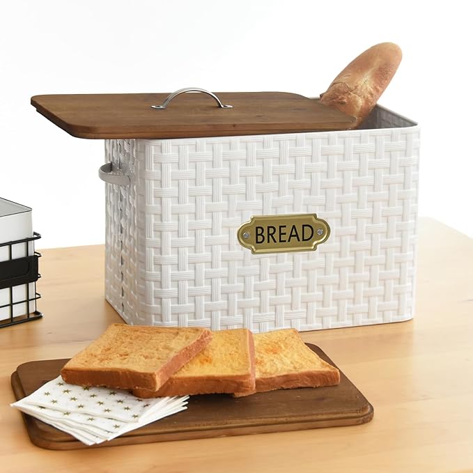 Extra Large Space Saving Farmhouse Bread Box With Wood Lid - Vertical Breadbox Bread Storage Bin Holder for Kitchen Countertop, White