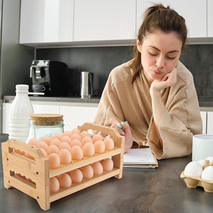 Egg Holder, 2 Tier Egg Holder Countertop, Bamboo Egg Organizer and Storage for Gathering 48 Fresh Eggs, Egg Stackable Stand Rack, Egg Basket for Kitchen Refrigerator Farmhouse