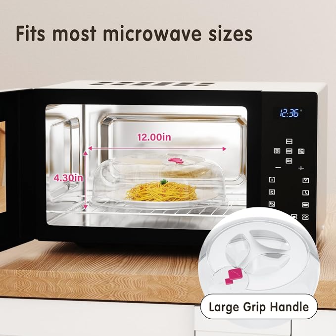 Microwave Splatter Cover 12 Inch Large Plate Cover for Microwave Oven 2 in 1 Food Grade Plastic with Silicone Air Vent Tall Lid BPA Free 2 Pack Clear
