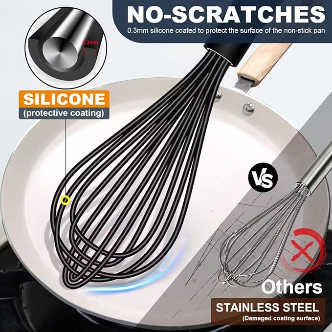 Silicone whisk, Non scratch coated whisk for cooking 7+9+11inch whisks and 3pcs 5+6+7inch 304 stainless steel small whisks, Suitable for Beating, Blending, great for cooking and baking.