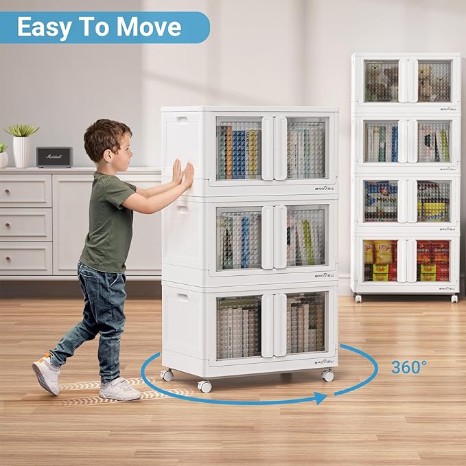 400Qt Stackable Storage Bins with Lids, 100Gal Closet Organizers and Storage Drawer, Plastic Collapsible Storage Bins with Doors, Heavy Duty Store Box Cabinet for Home Office, 4Pack White