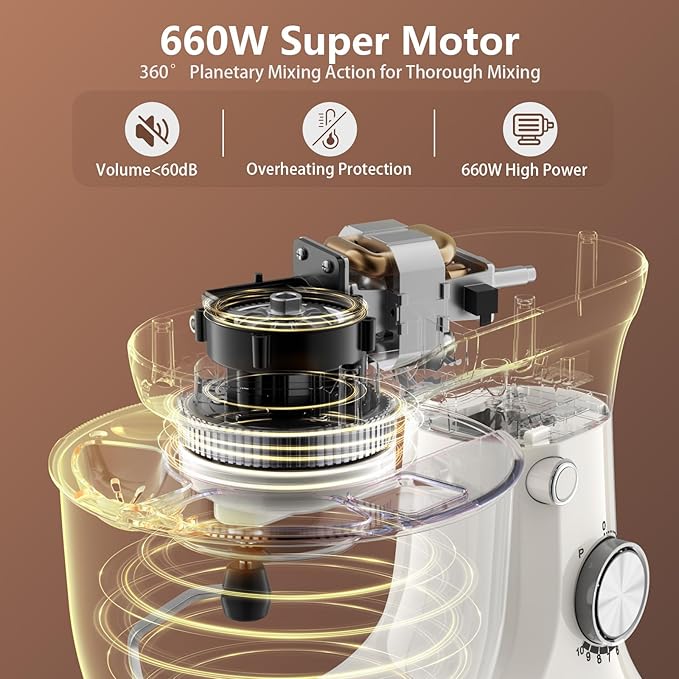 Electric Stand Mixer,10 Speeds Tilt-Head Food Mixer, 3-IN-1 Kitchen Mixer for Daily Cooks with 6.5 QT Bowl,Dough Hook, Beater, Whisk (Almond Cream)