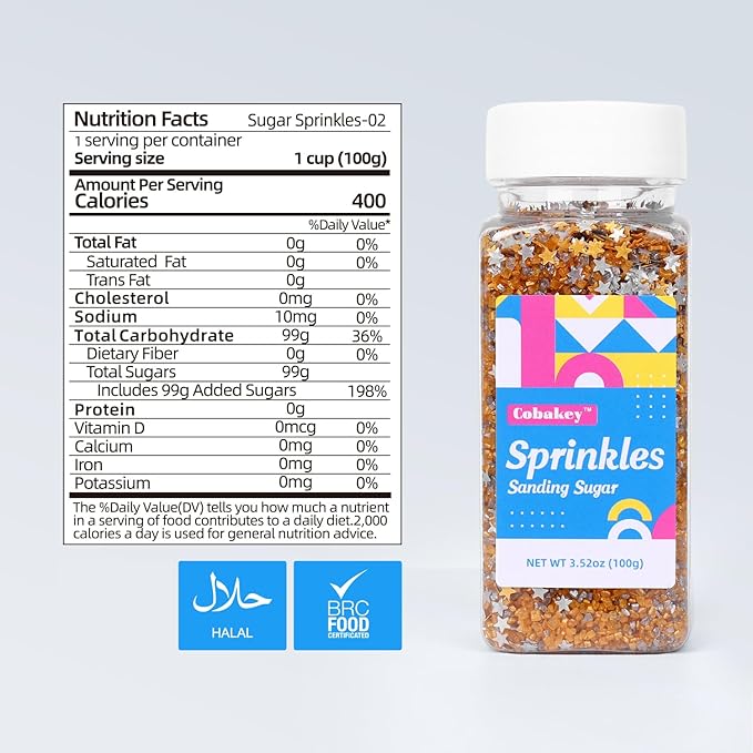 Gold Sanding Sugar Edible Silver Glitter Stars Mix, Edible Sugar Sprinkles for Cake Decorating, Sparkling Edible Sanding Sugar for Cupcake Toppers Cookie Decorations For Wedding Party Celebrations 3.5oz (Gold)