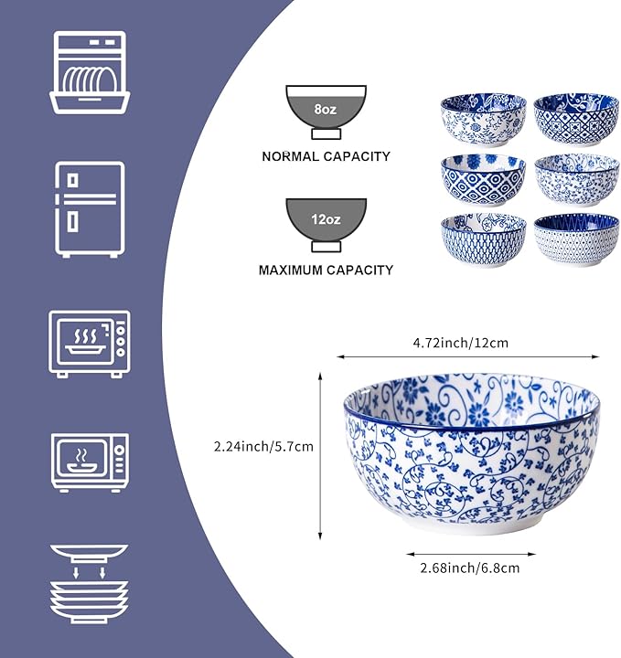 Ceramic Dessert Bowls Set - 11 Oz Small Ice Cream Bowl for kitchen - 4.7 Inch Porcelain Cereal Bowl for Fruits, Salad, Side Dishes, Ramen - Microwave Dishwasher Safe - Set of 6 - Vintage Blue