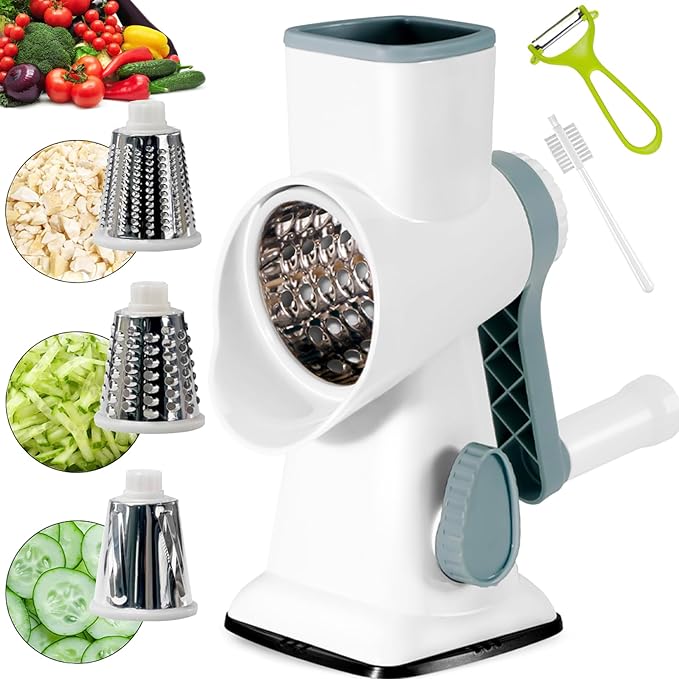 Rotary Cheese Grater Multi-Purpose Stainless Steel Cheese Shredder - Cheese Grater With Handle Effortless Grating of Carrots, Potatoes, Vegetables, and Fruits (White)