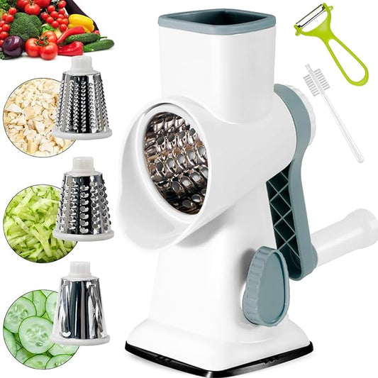 Rotary Cheese Grater Multi-Purpose Stainless Steel Cheese Shredder - Cheese Grater With Handle Effortless Grating of Carrots, Potatoes, Vegetables, and Fruits (White)