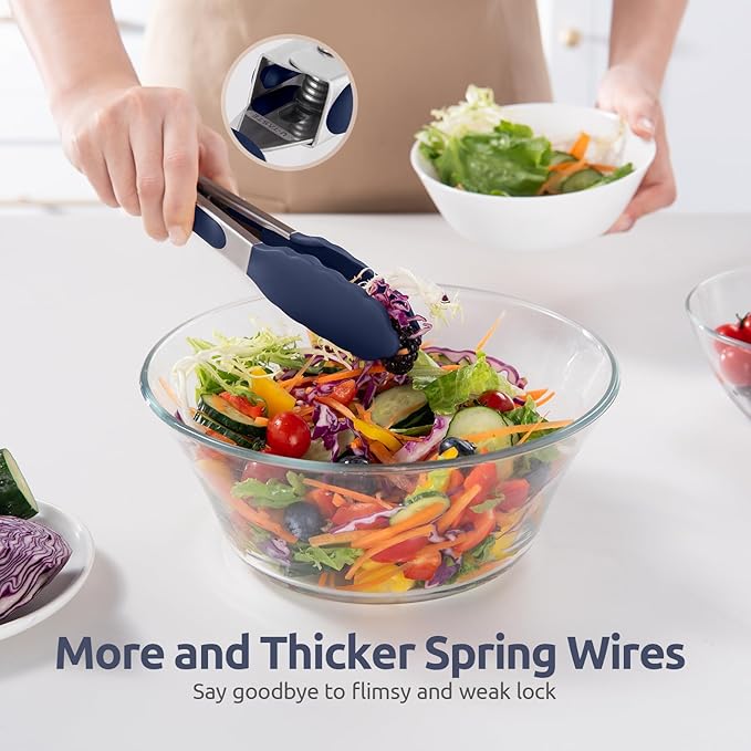 480ºF Heat Proof Kitchen Tong: U-Taste 7" Silicone Cooking Tong with Firm Sealed Non Stick Rubber Tips & Silicon Coated 18/8 Stainless Steel Handle & Smooth Locking for Serving Salad (Midnight Blue)