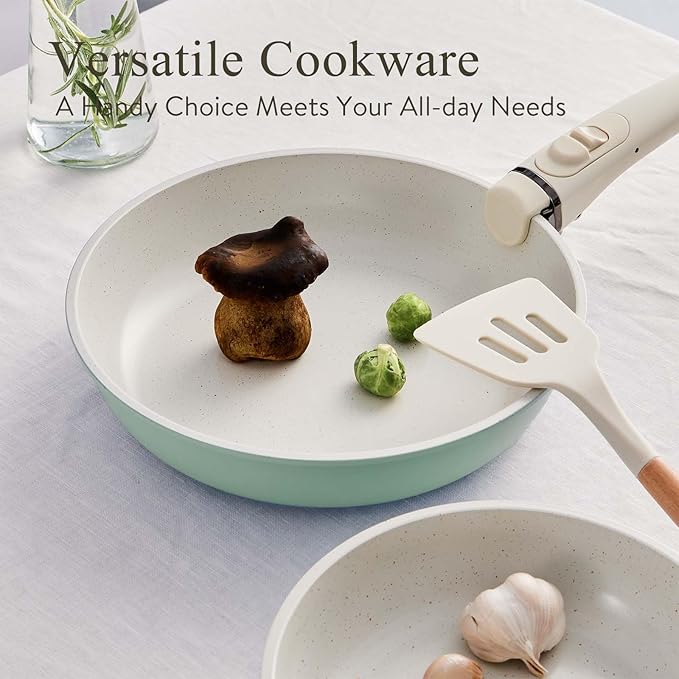 5 Piece Ceramic kitchen Cookware Set,Nonstick Pots and Pans with Removable Handles Stackable Camping Cookware Dishwasher&Oven Safe Frying Pan Green