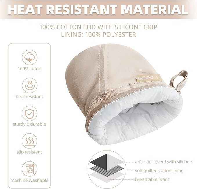 Mini Oven Mitts, Kitchen Oven Gloves Kitchen Mittens 500 Degrees Heat Resistant Baking Gloves, Non-Slip Silicone Surface with Hanging Loops Hot Gloves for Cooking, Baking, BBQ 1 Pair-Khaki