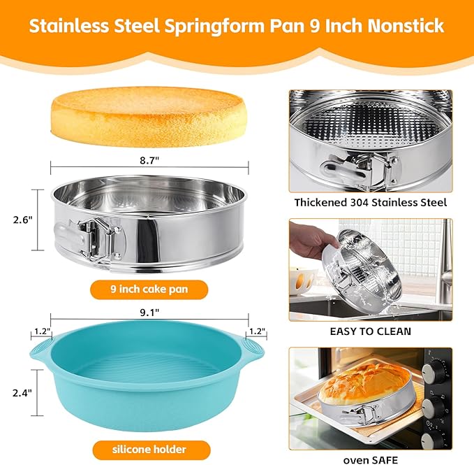 Aufind Springform Cake Pan 9 Inch, 304 Stainless Steel Baking Pan with Removable Bottom, Leakproof Nonstick Design Includes 12 Piping Tips, Silicone Mold and 50 Parchment Papers (9" Cake pan)