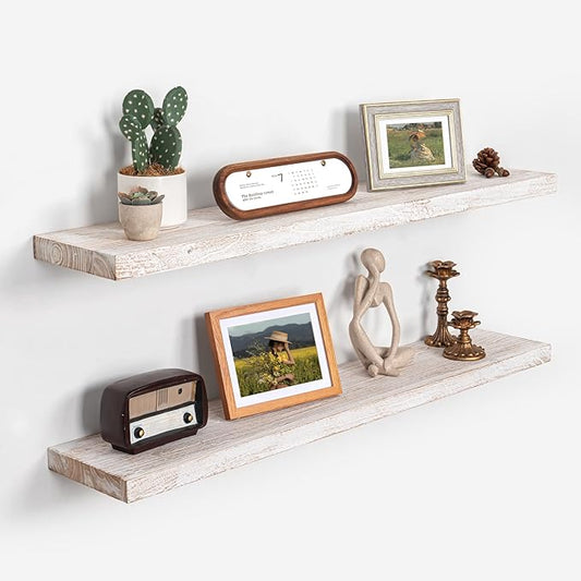 Axeman Floating Shelves for Wall - 40''W x 8'' D Rustic Solid Elm Wood Shelves for Storage, Wall Mounted Display Shelving with Invisible Heavy-Duty Metal Bracket (White Wash, 2PCs)