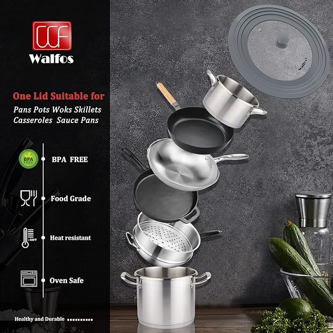 Universal Lid for Pots, Pans and Skillets - Walfos Tempered Glass Pan Lid with Heat Resistant Silicone Rim, BPA Free Large Pot Lids Fits 8" to 12" Diameter Cookware, Dishwasher-Safe, Grey