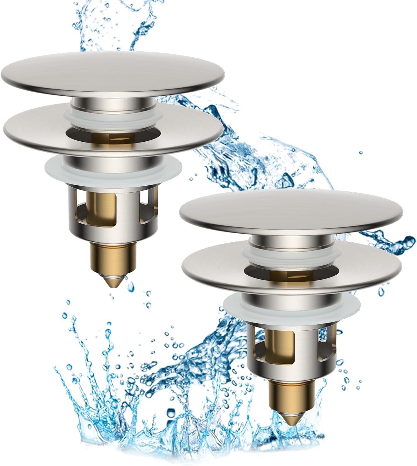 Hibbent 2 Pack All Metal Upgraded Bathroom Sink Stopper, Universal Pop Up Sink Drain Strainer, Brass Bullet Core Push Type Stopper for 1.1''~2.3''' Basin, Anti Clogging Drain Filter, Brushed Nickel