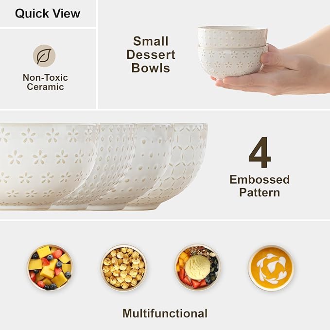 MALACASA Small Bowls, 14 Ounce Ice Cream Bowl, Stoneware Dessert Bowls Set of 4 with Embossment for Snack, Chip, Fruits, Side Dishes - 4.5 Inch, Arctic White Series LYDIA