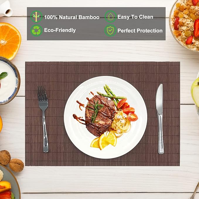 ANDSTAR Set of 12 Pcs Bamboo Placemats Natural Anti-Slip Bamboo Placemats Washable Heat-Resistant Table Mats for Dining Room and Kitchen(Chocolate)
