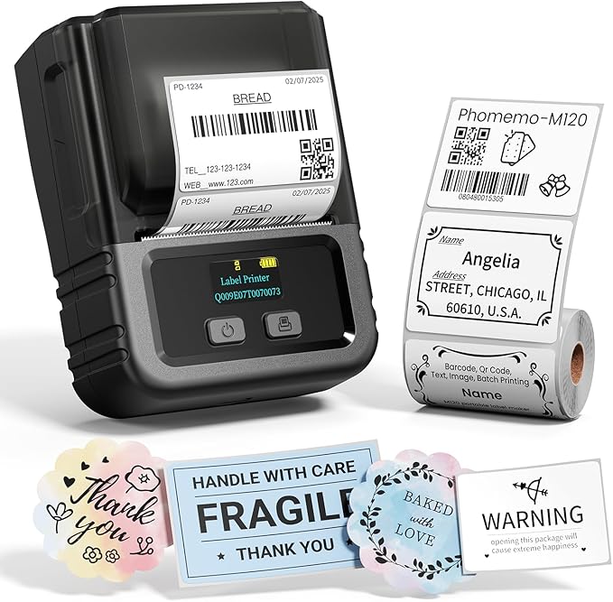 Phomemo M120 Label Maker, 2 Inch Barcode Printer, Portable Thermal Label Maker for Small Bussiness, Barcode, QR Code, Name, Address, Logo, Clothing, Office, Home, Sticker Printer for Phone/PC/Tablet