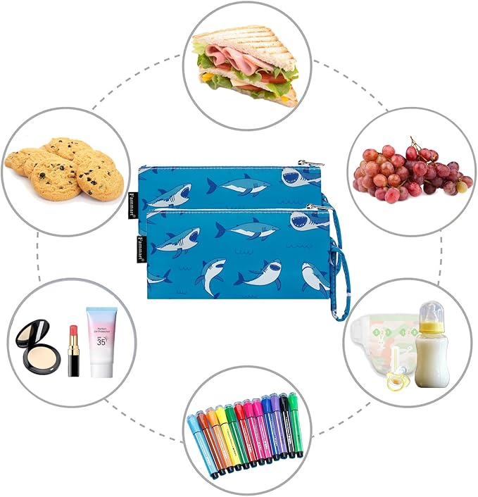 Reusable Sandwich Bag/Snack Bag for Kids & Adults, Dual Layer Lunch Bag with Handle, Washable, Food Safe, BPA Free (2-Pack, Shark)