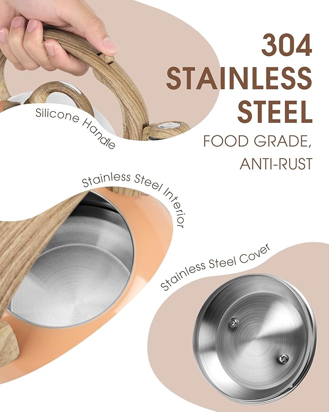 Tea Kettle Stovetop, 2.1 Quart Stove Top Whistling Tea Kettle, Teapot Kettles with Food Grade Stainless Steel and Wood Pattern Folding Handle, Suitable for All Heat Sources