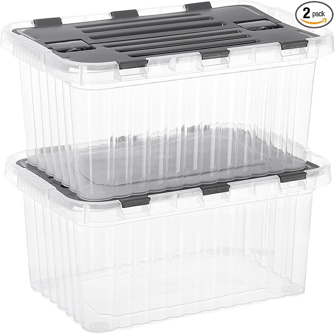 Superio Clear Storage Boxes with Attached Lids, Plastic Container Bins with Hinged Lids for Organizing, Stackable Crates, BPA Free, Non Toxic Organizers (2 Pack, 17"x11.65"x8.75")