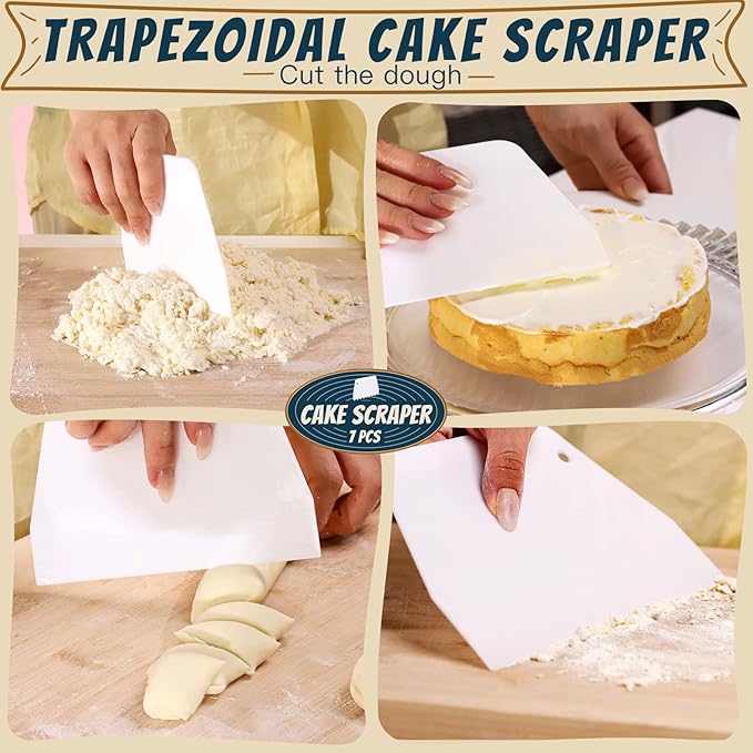 Teenitor Cake Scraper Cake Smoother, 7 Pcs Dough Scraper Bowl Scraper Cake Cutter Cake Spatula Bench Scraper Kitchen Plastic Scraper Tool Cake Decorating Kit