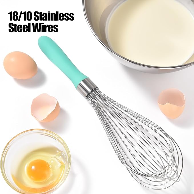 18/8 Stainless Steel Balloon Whisk, Doosu Kitchen Whisk for Cooking Handheld Egg Beater with Rust-Proof Sturdy Wires & Non-Slip Silicone Handle for Beating, Stirring, Blending (12 Wires, Aqua Sky)