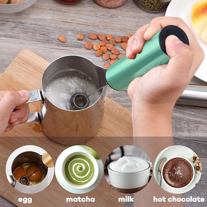 Milk Frother, Rechargeable Battery Operated Frother for Coffee,Portable Drink Mixer with 2 Stainless Steel Whisk Heads,Milk Foamer for Keto Coffee, Latte, Cappuccino, Hot Chocolate,Light Blue