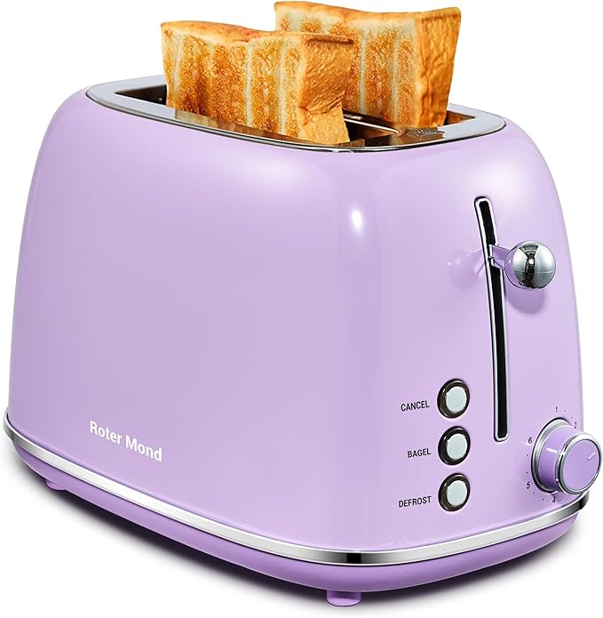 2 Slice Toaster Retro Stainless Steel with Bagel, Cancel, and Defrost Functions, 6 Bread Shade Settings, Extra Wide Slots and Removable Crumb Tray, Lavender-Purple