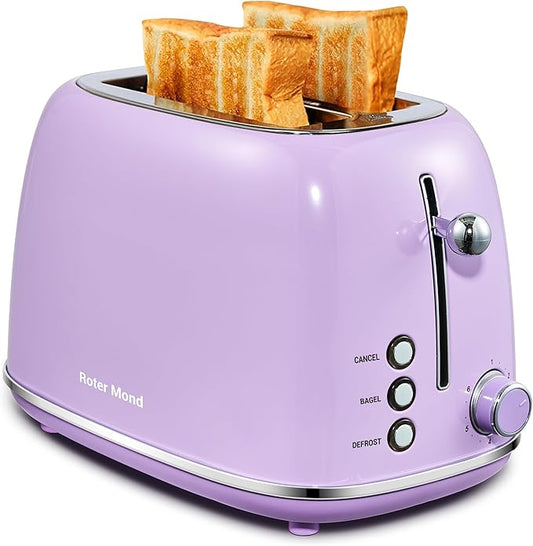 2 Slice Toaster Retro Stainless Steel with Bagel, Cancel, and Defrost Functions, 6 Bread Shade Settings, Extra Wide Slots and Removable Crumb Tray, Lavender-Purple