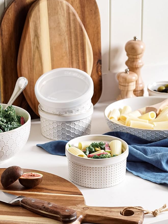 LE TAUCI Ramekins 12 oz, Ramiken for Creme Brulee, Souffle, Dipping Sauce, Ceramic Embossment Housewaming Present -4.8 inch, Set of 4, Arctic White