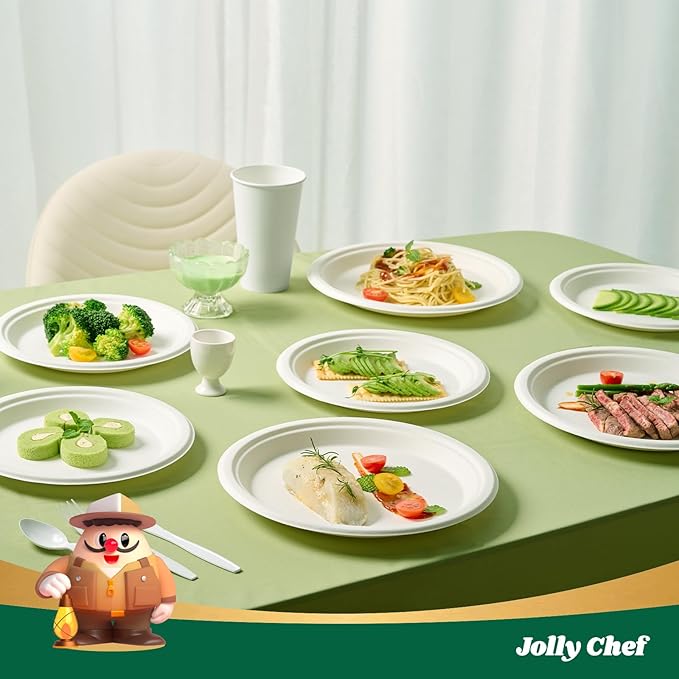 JOLLY CHEF Compostable Heavy Duty Plates 𝟭𝟬 𝗜𝗻𝗰𝗵 [𝟱𝟬𝟬 𝗣𝗮𝗰𝗸] Eco-Friendly Disposable White Paper Plates Made of Bagasse Biodegradable Bulk for Party Dinner Sugarcane Fibers Round 500 Count