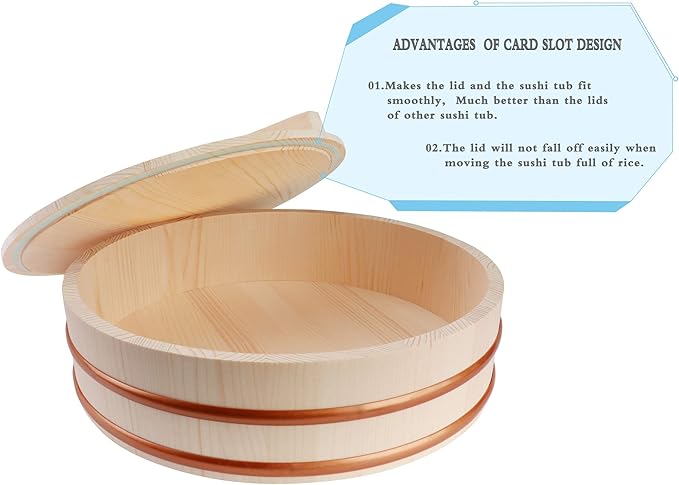 Kichgather Wooden Sushi Rice Bowl with Lid Hangiri Sushi Oke Sushi Rice Mixing Tub (10.6 “ with lid)