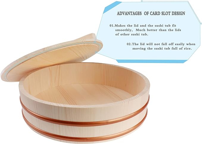 Kichgather Wooden Sushi Rice Bowl with Lid Hangiri Sushi Oke Sushi Rice Mixing Tub (14.2 ” with lid)