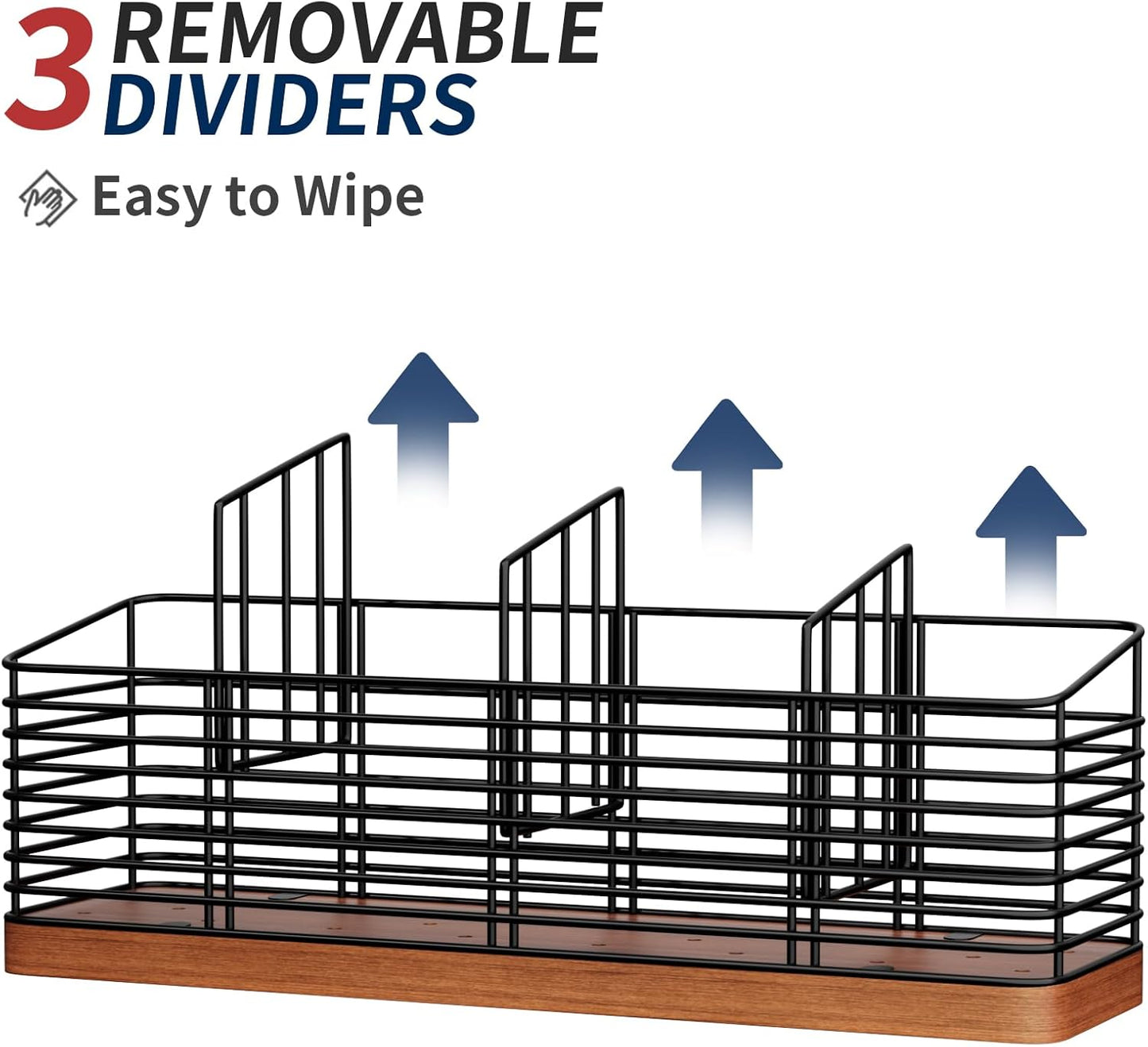 Large Utensil Holder for Kitchen Counter with 4 Compartments, Matte Black Metal Holder with Wooden Base Cooking Utensil Organizer for Spatula Utensil Crock Caddy