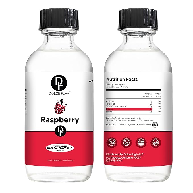 Dolce Flav Natural Raspberry Extract 2 oz – Kosher, Sugar-Free, Concentrated Tart Raspberry Flavoring for Baking, Beverages & Desserts, Includes Measured Dropper