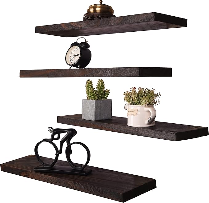 Wood Floating Shelves for Wall, Wooden Wall Shelves for Bedroom, Wall Mounted Shelves for Living Room, Set of 4 Brown 24 Inch