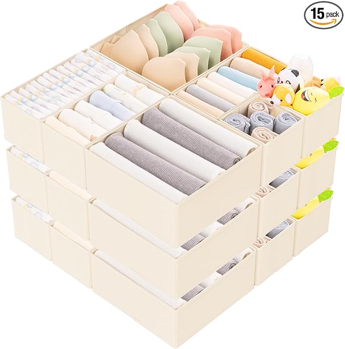 Criusia 15 Pack Drawer Organizer for Clothes, Foldable Dresser Dividers with 3 Sizes, Fabric Storage Bins – Beige