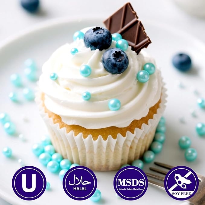 Dazzjoy Blue Edible Pearl, Edible Pearls Sugar Sprinkles, 130g/4.58oz, Blue Pearls Sprinkles for Cake Decorating, Cupcake Toppers